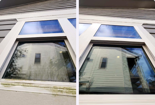 Before and after window cleaning result on a Katy-area home showing removed grime and film